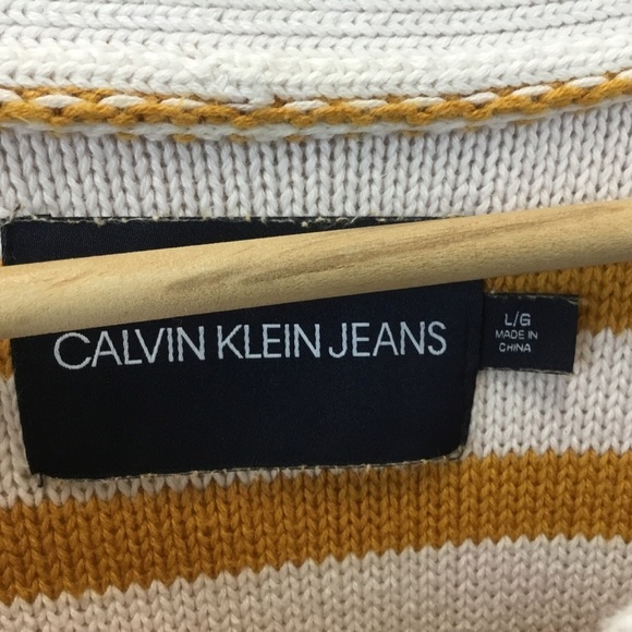 Calvin Klein Jeans Striped Mustard Yellow and White Knit Sweater - Picture 7 of 9